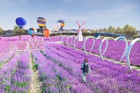 Modern Flower Sea Lavender Manor Provence Cart Net Red Card Point Purple Flower Sea Love Device Hot Air Balloon 3d model