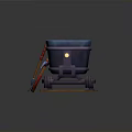Mining Train Cart Loaded With Ore On Wooden Rail Tracks And Tools