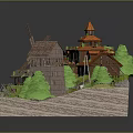 Cartoon Scene with red roofed houses windmill small pavilion green trees and grassland