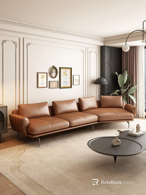 Brown Leather Sectional Sofa In Living Room With Framed Artworks And Potted Plant 3d model 