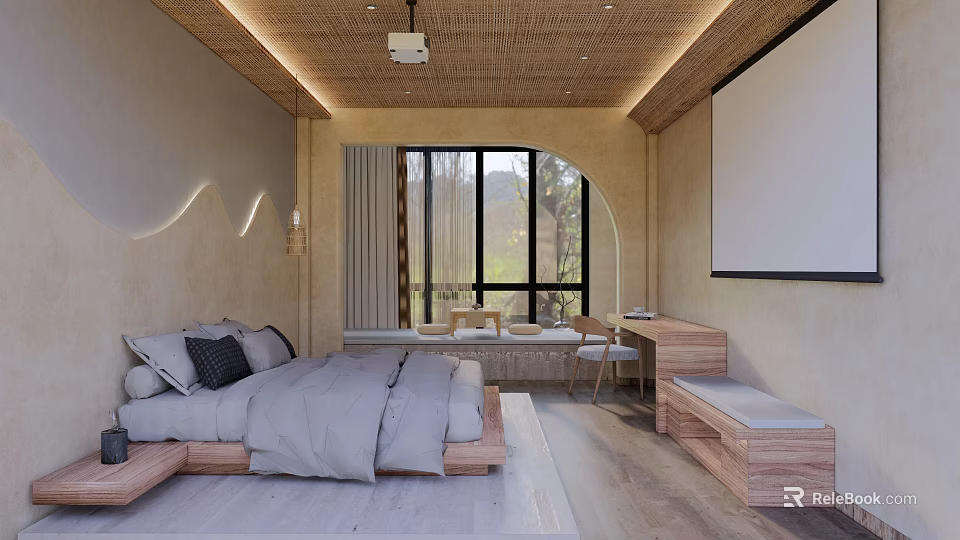 Minimalist Hotel Room Interior With Rattan Ceiling Arched Window And King Bed 3d model 