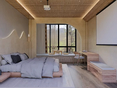 Minimalist Hotel Room Interior With Rattan Ceiling Arched Window And King Bed 3d model