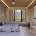 Minimalist Hotel Room Interior With Rattan Ceiling Arched Window And King Bed