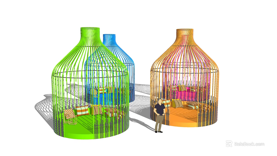 Colorful Birdcage Shaped Public Chairs With Seating And Modern Design For Urban Spaces 3d model 