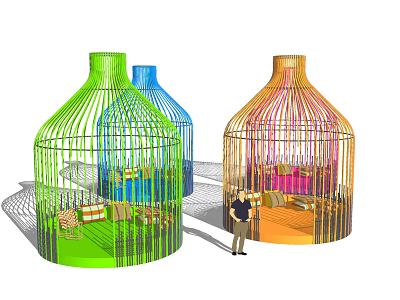 Colorful Birdcage Shaped Public Chairs With Seating And Modern Design For Urban Spaces 3d model