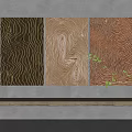 Three Panel Textured Wall Art With Brown Patterns And Green Plant On Shelf 3d model