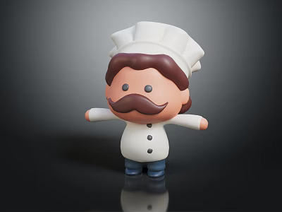 Cartoon Chef Character With White Chef Hat Brown Mustache Blue Pants And Outstretched Arms 3d model