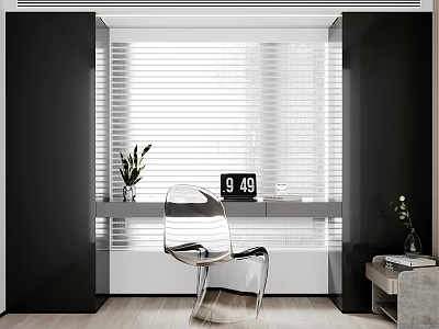 Modern Minimalist Desk Setup With Window Blinds Transparent Chair Digital Clock And Potted Plant 3d model