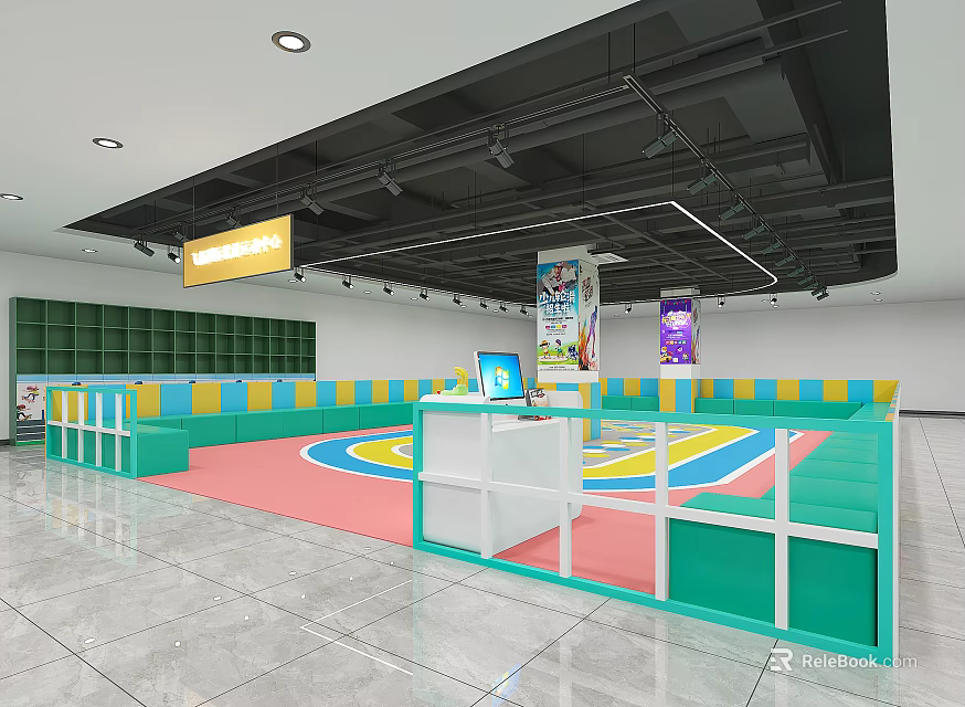 Indoor Children's Activity Space With Colorful Floor Green Yellow Walls White Front Desk Ceiling Lights 3d model 