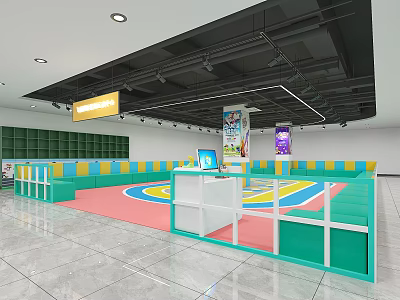 Indoor Children's Activity Space With Colorful Floor Green Yellow Walls White Front Desk Ceiling Lights 3d model