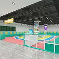 Indoor Children's Activity Space With Colorful Floor Green Yellow Walls White Front Desk Ceiling Lights