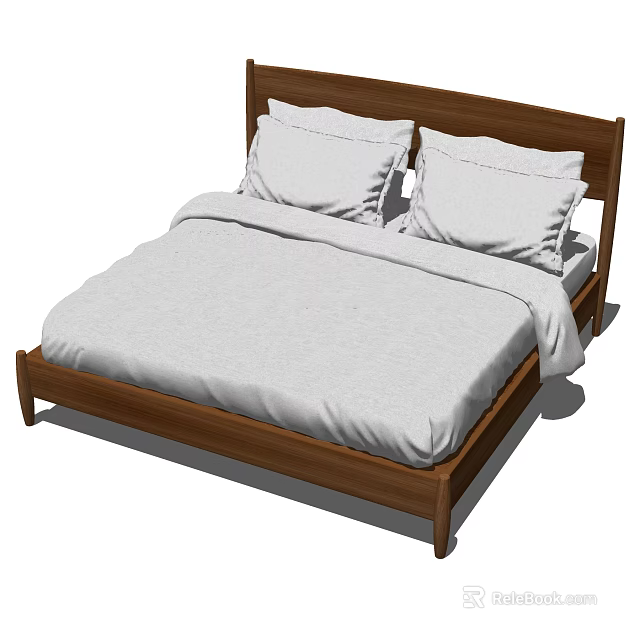Modern Wooden Double Bed Frame With Headboard And Light Colored Bedding 3d model