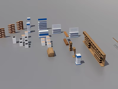 Various Store Display Shelves Featuring Wooden White And Blue Multi Tiered Designs 3d model