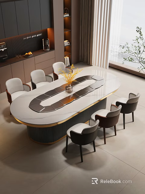 Elegant Restaurant Dining Space With Oval White Marble Table Black Strips Yellow Flowers And Chairs 3d model 