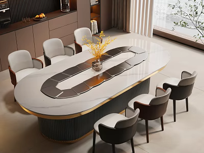 Elegant Restaurant Dining Space With Oval White Marble Table Black Strips Yellow Flowers And Chairs 3d model