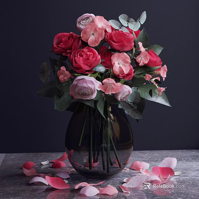 Transparent Glass Vase With Red Pink Roses Green Leaves And Petals On Wooden Table 3d model 