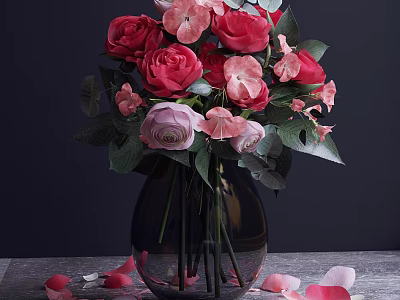 Transparent Glass Vase With Red Pink Roses Green Leaves And Petals On Wooden Table 3d model