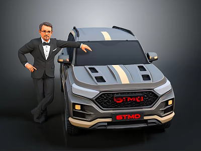 Gray SUV with Yellow Stripe and GTMD Logo Standing Next to Man in Suit 3d model