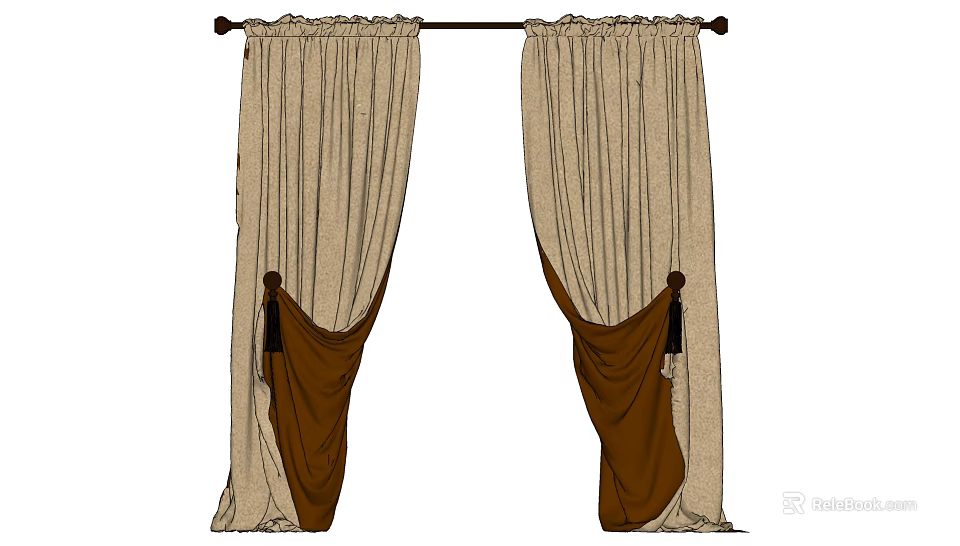 Elegant Beige And Brown Draped Curtains With Tiebacks On Decorative Rod 3d model 