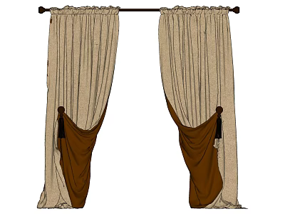 Elegant Beige And Brown Draped Curtains With Tiebacks On Decorative Rod 3d model