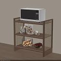 Wooden Open Shelf With Microwave Cups Bowls Bread Basket And Fruit Storage