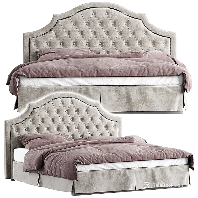 Elegant Upholstered Double Bed With Tufted Headboard And Lavender Linen Bedding 3d model 