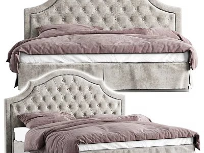 Elegant Upholstered Double Bed With Tufted Headboard And Lavender Linen Bedding 3d model