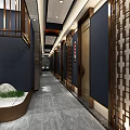 Luxurious Elevator Hallway With Chinese Elements Marble Floor Carved Ceiling And Green Plants 3d model