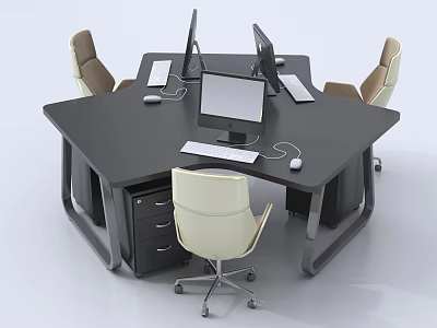 Black Hexagonal Office Desk And Chair Set With Computer Monitors Keyboards Mice And Drawer Cabinet 3d model