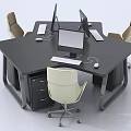 Black Hexagonal Office Desk And Chair Set With Computer Monitors Keyboards Mice And Drawer Cabinet
