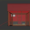 Red Chicken Coop Building With Red Roof And Enclosed Fenced Area With Straw Bedding