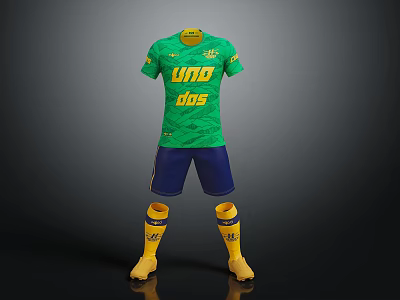 Green Short Sleeved Soccer Jersey With Yellow Uno Dos Text And Blue Shorts Yellow Socks 3d model