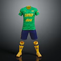 Green Short Sleeved Soccer Jersey With Yellow Uno Dos Text And Blue Shorts Yellow Socks