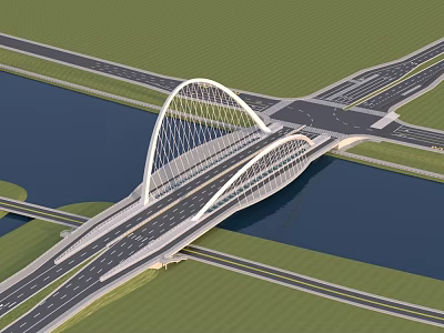 Modern Landscape Bridge with Curved Structure Spanning Water Area Connecting Roads and Green Space 3d model