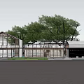 Modern Commercial Street Architecture With White Roofs Lush Trees And Green Spaces