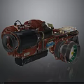 Red Mechanical Weapon With Metallic Structure Black Components And Green Wheels