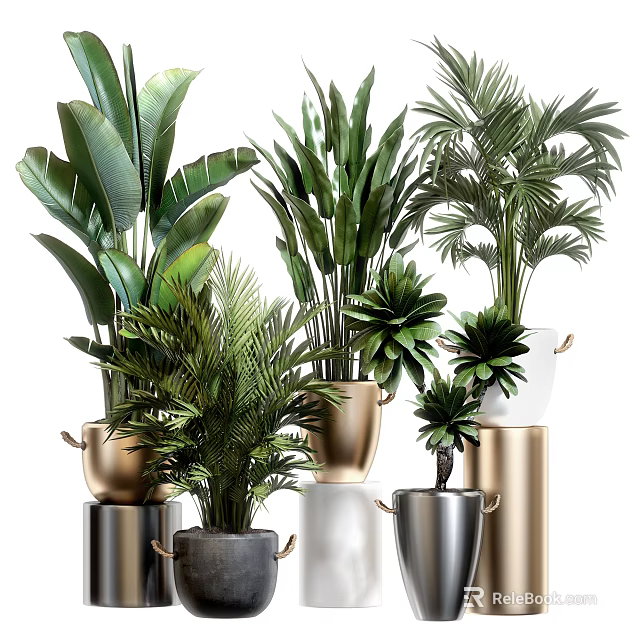 Elegant Potted Plants with Lush Green Leaves in Gold Silver Metallic Pots on Column Stands 3d model 