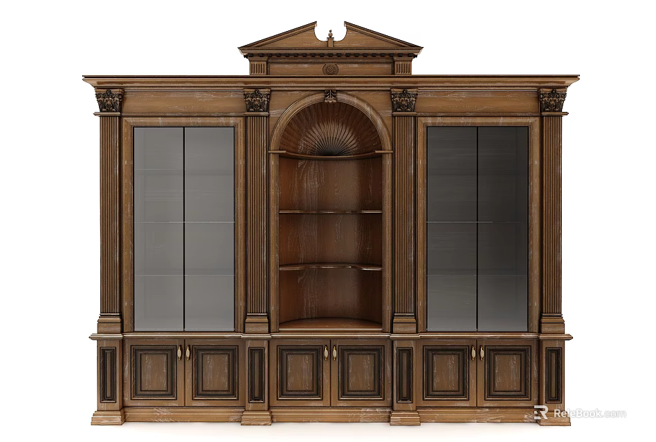 Elegant Classical Wooden Decorative Cabinet With Glass Doors Display Shelves And Carved Details 3d model 