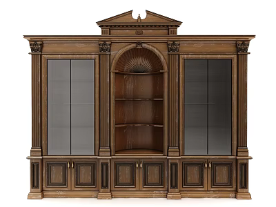 Elegant Classical Wooden Decorative Cabinet With Glass Doors Display Shelves And Carved Details 3d model