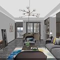 Modern Living Dining Room Interior With Gray Sofa TV Chandelier And Dining Table