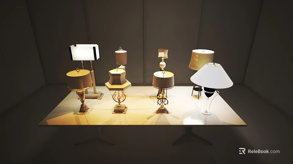 Various Stylish Table Lamps Showcasing Diverse Designs On Modern Display Table 3d model 