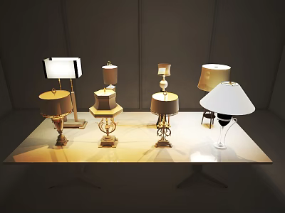 Various Stylish Table Lamps Showcasing Diverse Designs On Modern Display Table 3d model