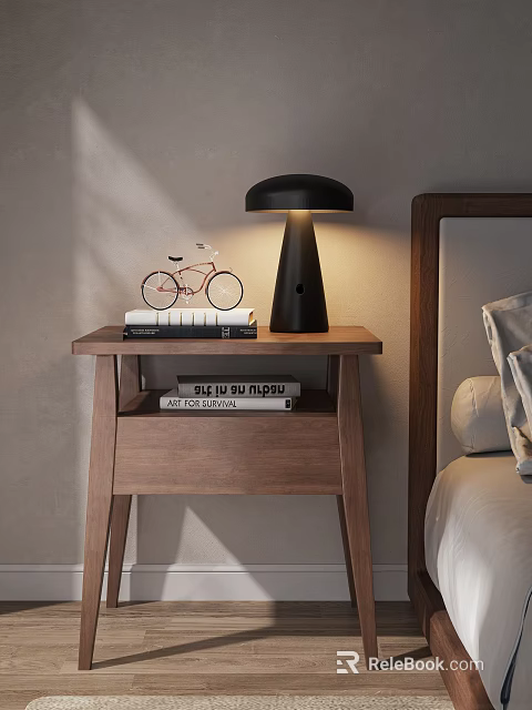 Elegant Wooden Bedside Table with Stacked Books Bicycle Model and Black Lamp in Warm Light 3d model 