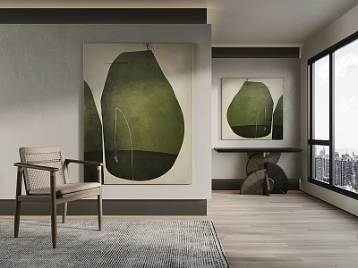 Modern Minimalist Interior With Green Abstract Paintings Light Colored Chair And City View Window 3d model