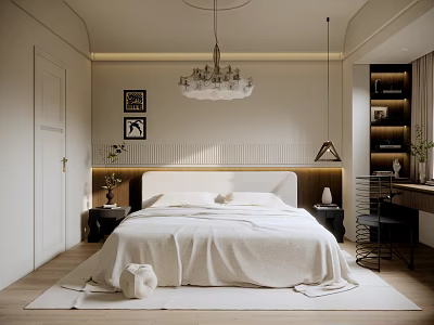 Modern Minimalist Bedroom Interior With White Bedding Chandelier Desk And Striped Headboard 3d model