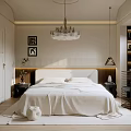 Modern Minimalist Bedroom Interior With White Bedding Chandelier Desk And Striped Headboard