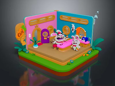 Cartoon Cafe Scene With Pink Blue Room Bunny Table Carrots And Green Plants 3d model