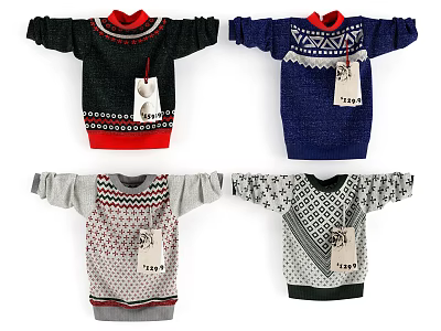 Assorted Knit Sweaters With Various Patterns Colors And Tags For Winter Fashion 3d model