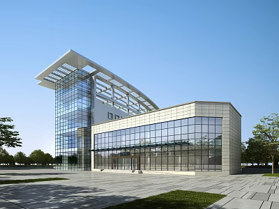Modern Architectural Building With Glass Curtain Wall Metal Roof And Plaza Area 3d model