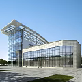 Modern Architectural Building With Glass Curtain Wall Metal Roof And Plaza Area